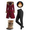 Winter Women Outfit Plaid Horn Faux Fur Hooded Coat Leggings and Boots Set - Rouge Vineux S | US 4