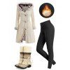 Winter Women Outfit Plaid Horn Faux Fur Hooded Coat Leggings and Boots Set - Beige S | US 4