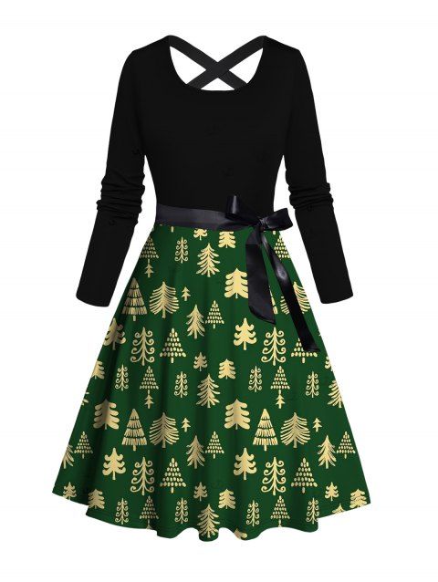 Holiday Dress Colorblock Christmas Tree Print Crossover Belt Dress