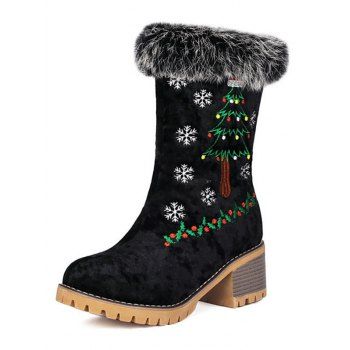 Embroideried Christmas Tree Elk Snowflake Faux Fur Chunky Heel Boots