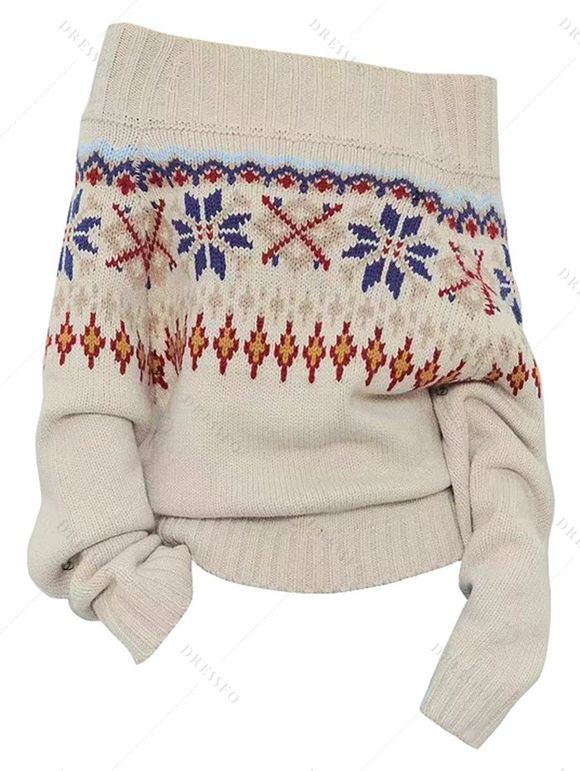 Pull vintage à imprimé géométrique jacquard et épaules dénudées - café lumière M | US 6