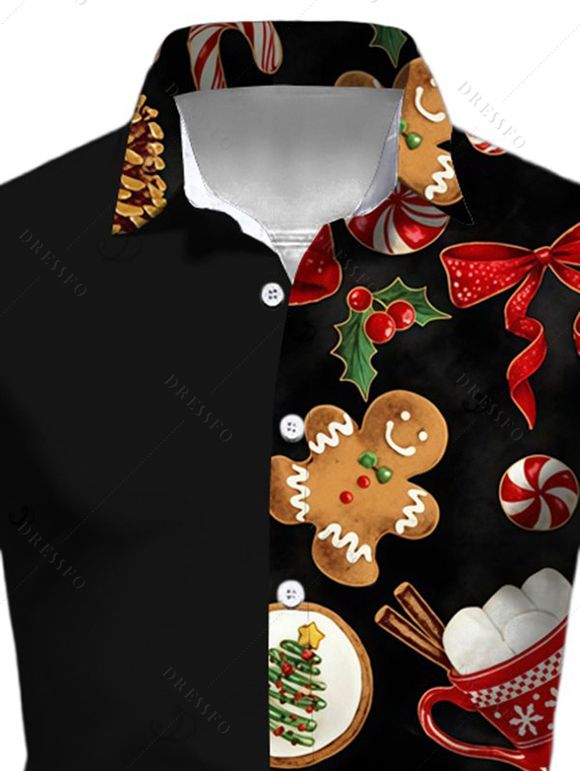 Chemise de Noël pour homme avec imprimé bonhomme en pain d'épice et éléments de Noël - Noir XL