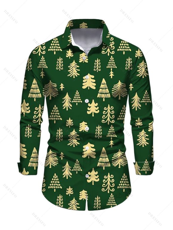 Chemise de Noël pour homme, manches longues, imprimé sapin de Noël intégral - Vert Armée XL