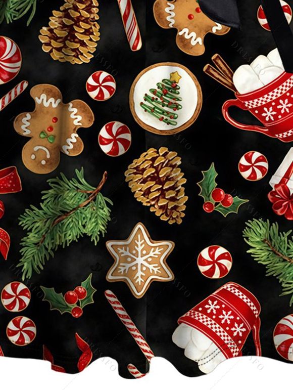 Robe de fête imprimée bonhomme en pain d'épice et éléments de Noël, avec ceinture croisée - Noir XXXXXL | US 20