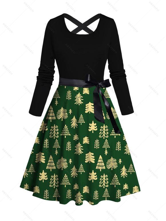 Robe de fête à imprimé sapin de Noël colorblock et ceinture croisée - Vert Armée S | US 4