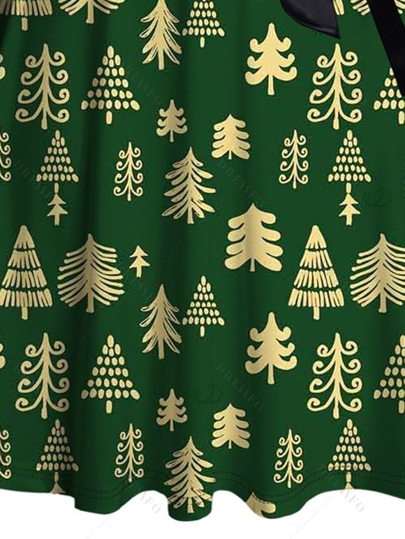 Robe de fête à imprimé sapin de Noël colorblock et ceinture croisée - Vert Armée S | US 4
