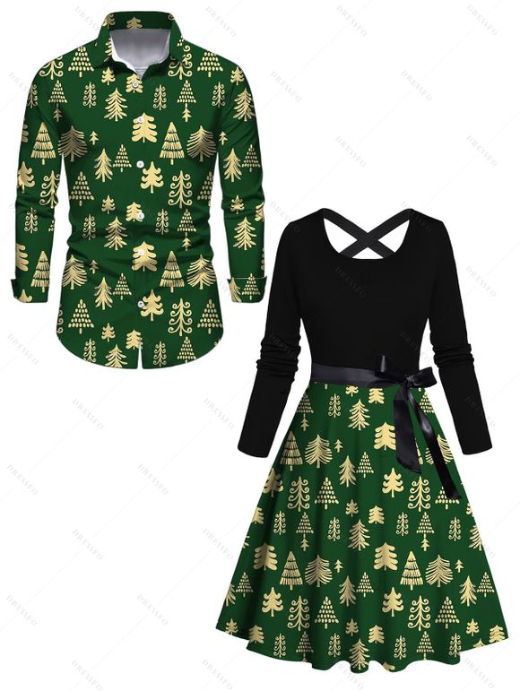 Holiday Couple Outfit Christmas Tree Print Crossover Belt Dress and Shirt Set - Vert Armée S | US 4