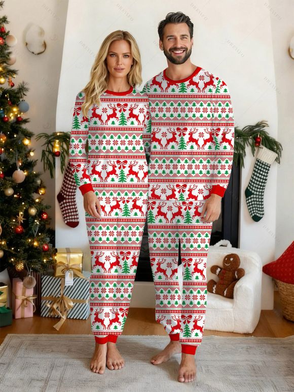 Couple Sleepwear Outfit Christmas Tree Elk Geometric Print Sleepwear Set - Rouge S | US 4