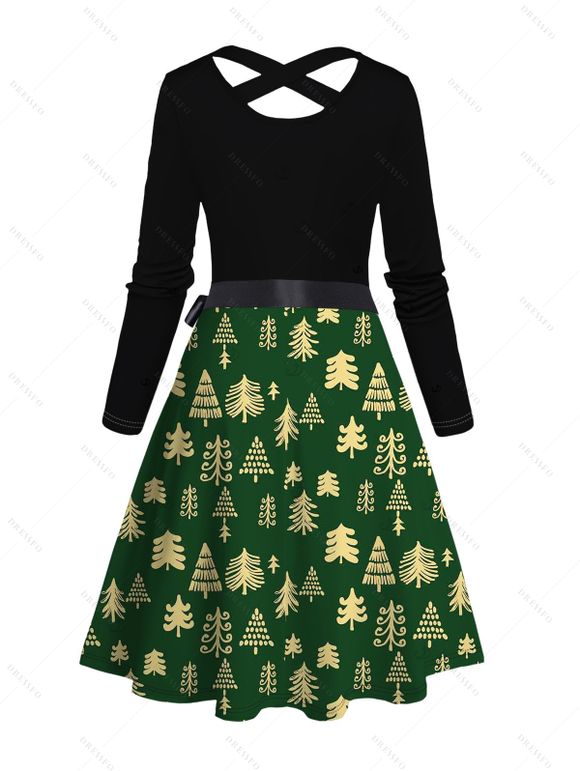 Holiday Couple Outfit Christmas Tree Print Crossover Belt Dress and Shirt Set - Vert Armée S | US 4