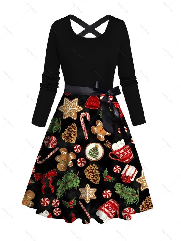 Holiday Couple Outfit Christmas Elements Print Belt Dress and Shirt Set - Noir S | US 4