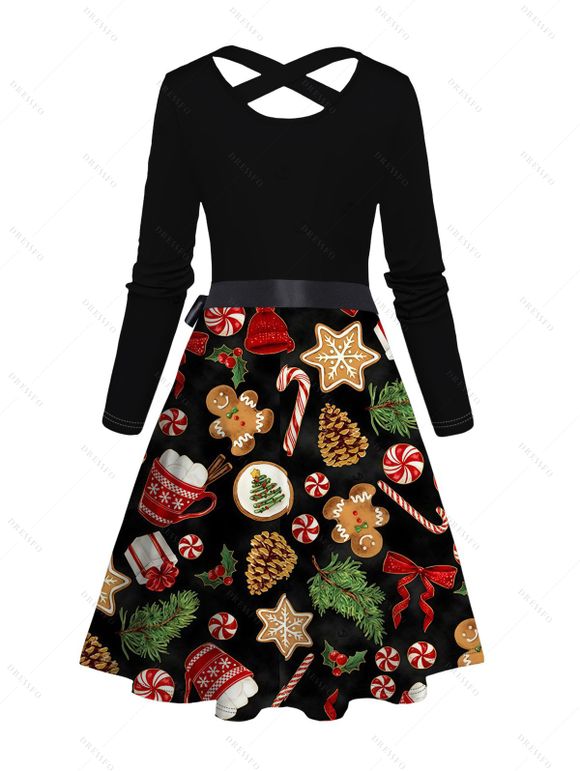 Holiday Couple Outfit Christmas Elements Print Belt Dress and Shirt Set - Noir S | US 4