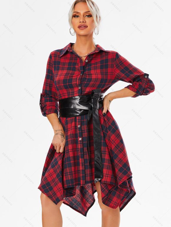 Winter Women Outfit Plaid Belted Handkerchief Dress and Earrings Boots Set - Rouge Vineux S | US 4