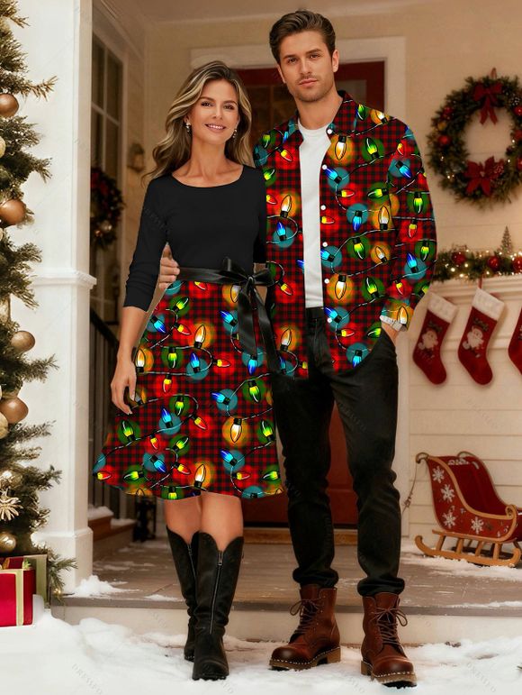 Christmas Couple Outfit Plaid Lightning Chains Print Belt Dress and Shirt Set - Noir S | US 4