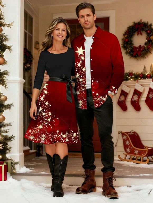 Christmas Couple Outfit Star Print Crossover Belt Dress and Long Sleeve Shirt Set - Rouge Vineux S | US 4