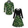 Holiday Couple Outfit Christmas Tree Print Crossover Belt Dress and Shirt Set - Vert Armée S | US 4