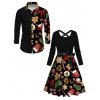 Holiday Couple Outfit Christmas Elements Print Belt Dress and Shirt Set - Noir S | US 4