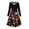 Robe de fête imprimée bonhomme en pain d'épice et éléments de Noël, avec ceinture croisée - Noir XXXXXL | US 20