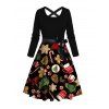 Robe de fête imprimée bonhomme en pain d'épice et éléments de Noël, avec ceinture croisée - Noir XXXXXL | US 20