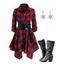 Winter Women Outfit Plaid Belted Handkerchief Dress and Earrings Boots Set - Rouge Vineux S | US 4