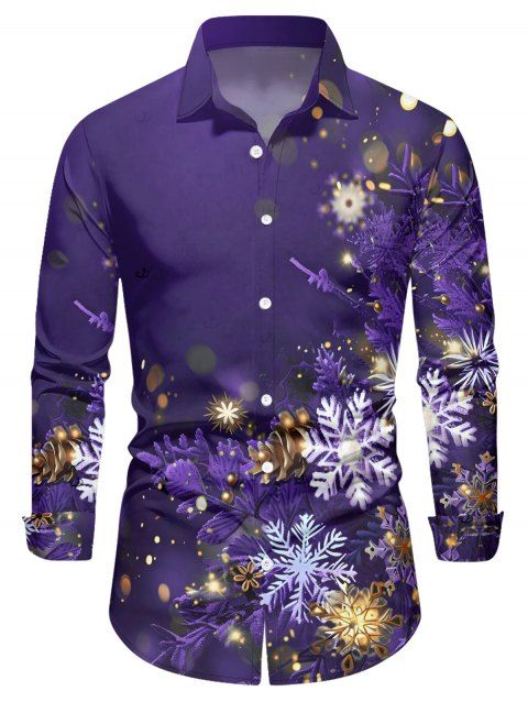 Chemise homme à manches longues, col rabattu, imprimé flocons de neige lumineux, style décontracté, à boutons, idéale pour Noël.