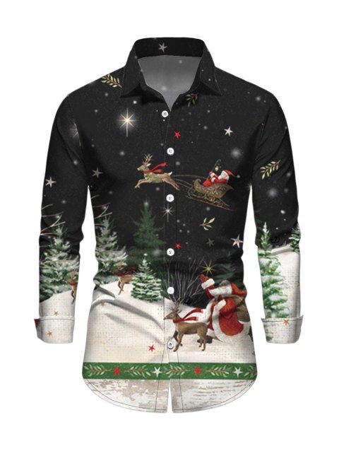 Chemise homme à manches longues avec imprimé sapin de Noël, élan et Père Noël