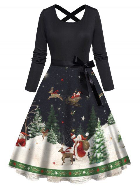 Robe de fête imprimée sapin de Noël, renne et Père Noël, avec ceinture croisée