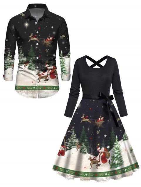 Couple Outfit Christmas Tree Elk Santa Claus Print Belt Dress and Shirt Set