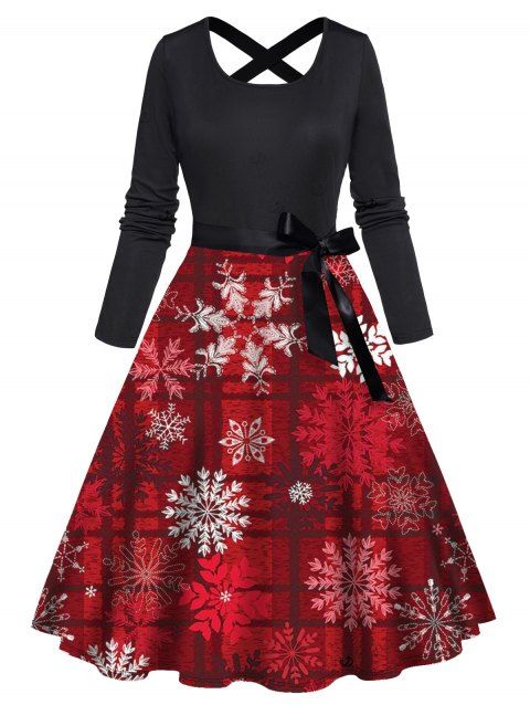 Robe de Noël à imprimé écossais flocons de neige et ceinture croisée