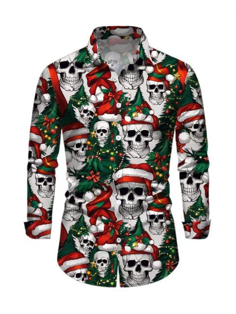 Chemise de Noël pour homme, manches longues, imprimé sapin et têtes de mort