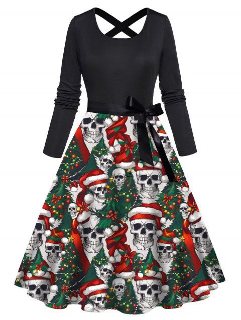 Robe de fête à imprimé sapin de Noël et têtes de mort, ceinture croisée