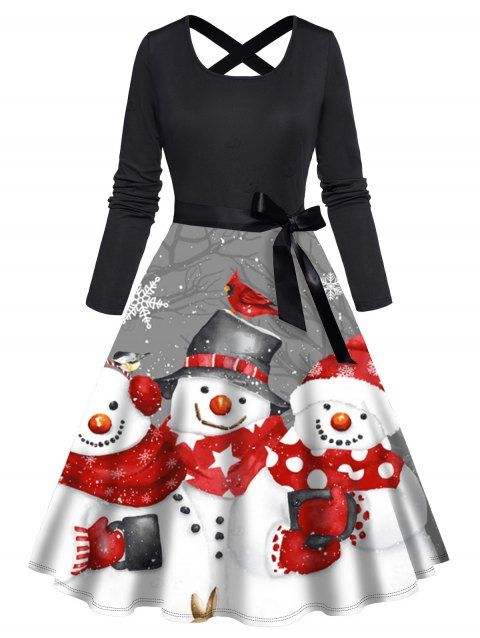 Robe de Noël à imprimé flocons et bonhommes de neige, ceinture croisée