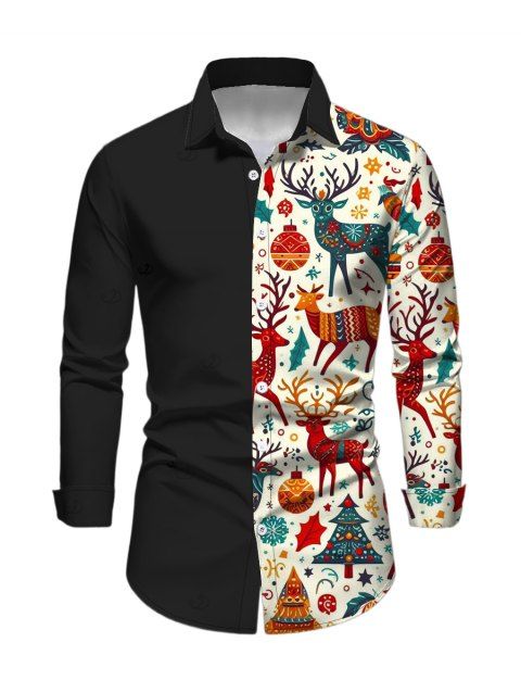 Chemise de Noël pour homme à manches longues imprimée avec motif zigzag, élan, cloche et sapin.