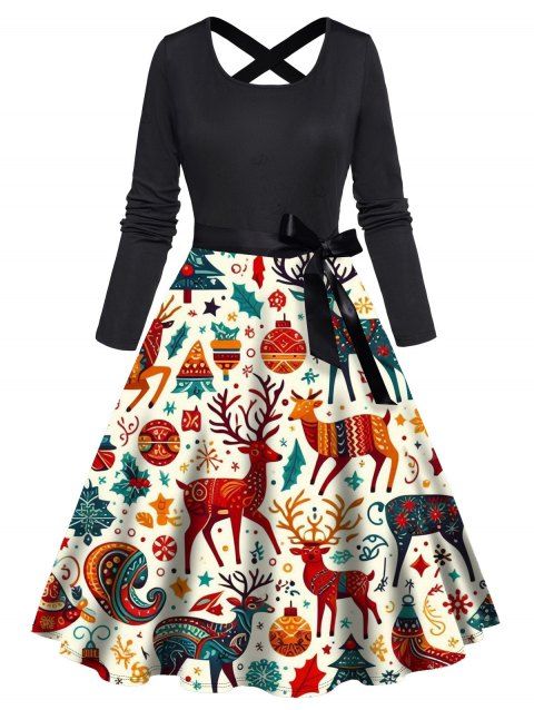 Robe de fête à imprimé sapin de Noël et clochettes en zigzag, ceinture croisée