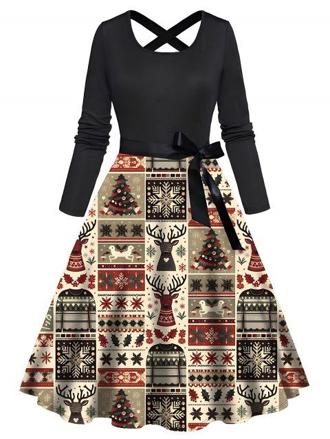 Robe de Noël imprimée avec motif élan, flocons de neige et sapin, à ceinture croisée