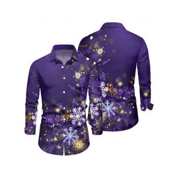 Men's Christmas Snowflake Light Point Print Shirt Long Sleeve Turn Down Collar Casual Button-up Shirt