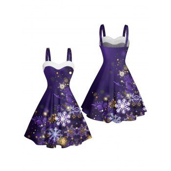 Christmas Snowflake Light Point Print Mini Dress Faux Fur Panel Ruched Bust Sweetheart Neck Tank Dress