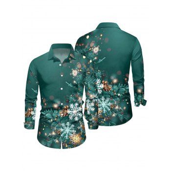 Christmas Snowflake Light Point Print Mini Dress and Turn Down Collar Casual Button-up Shirt Outfit