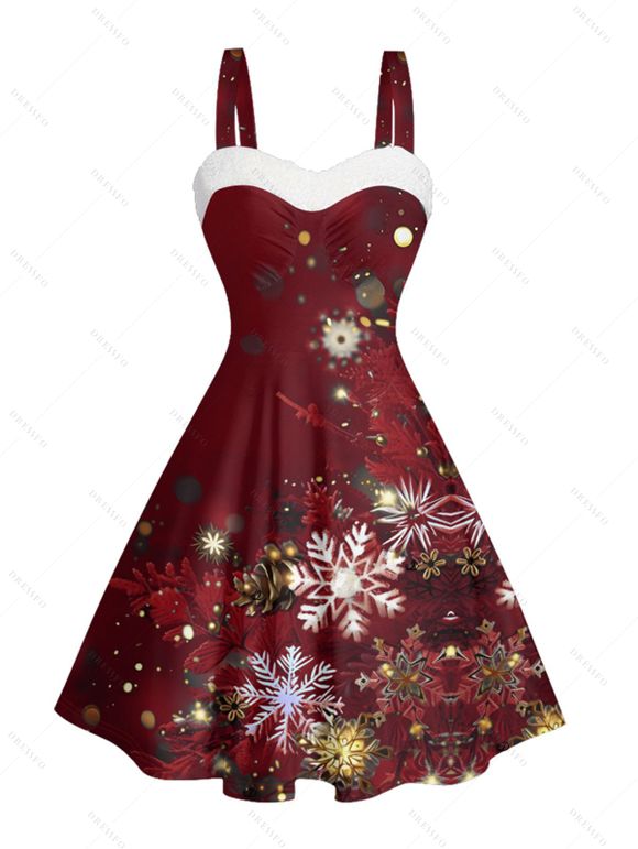 Robe courte imprimée flocons de neige de Noël, empiècement en fausse fourrure, buste froncé, col en cœur - Rouge Vineux XXXXXL | US 20
