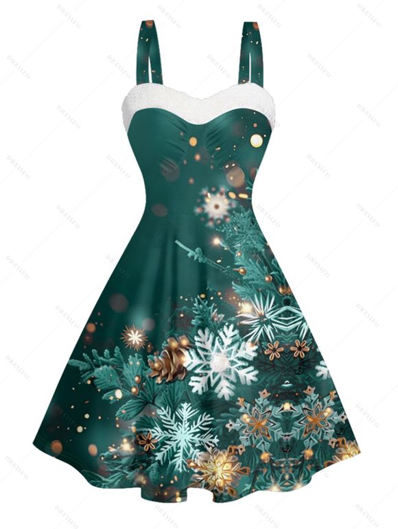 Robe courte imprimée flocons de neige de Noël, empiècement en fausse fourrure, buste froncé, col en cœur - Vert XXXXXL | US 20