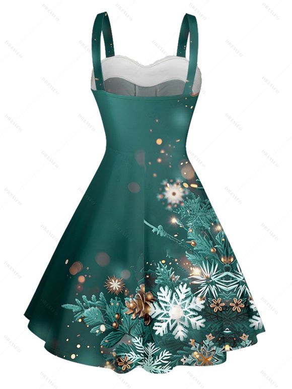 Robe courte imprimée flocons de neige de Noël, empiècement en fausse fourrure, buste froncé, col en cœur - Vert XXXXXL | US 20