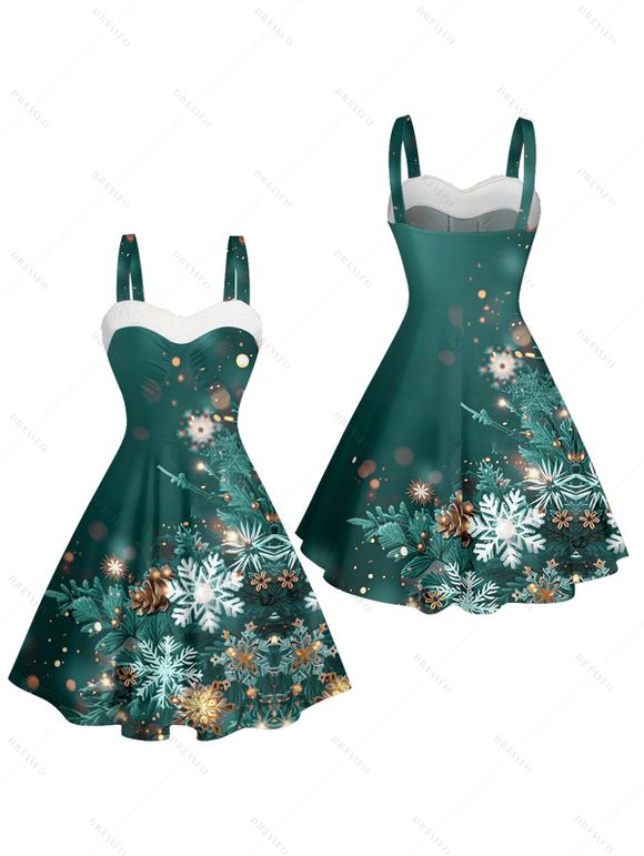 Robe courte imprimée flocons de neige de Noël, empiècement en fausse fourrure, buste froncé, col en cœur - Vert XXXXXL | US 20