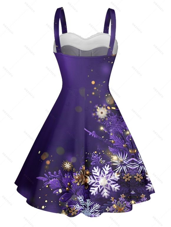 Robe courte imprimée flocons de neige de Noël, empiècement en fausse fourrure, buste froncé, col en cœur - Pourpre XXXXL | US 18