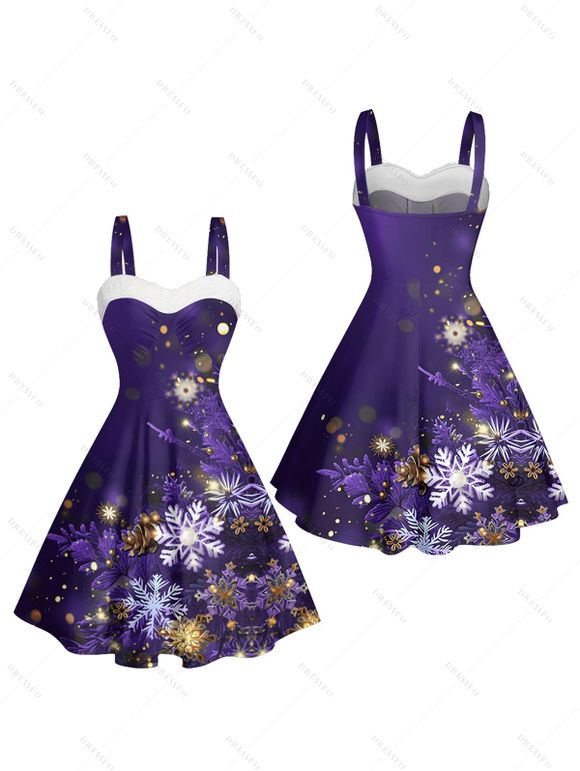 Robe courte imprimée flocons de neige de Noël, empiècement en fausse fourrure, buste froncé, col en cœur - Pourpre XXXXL | US 18