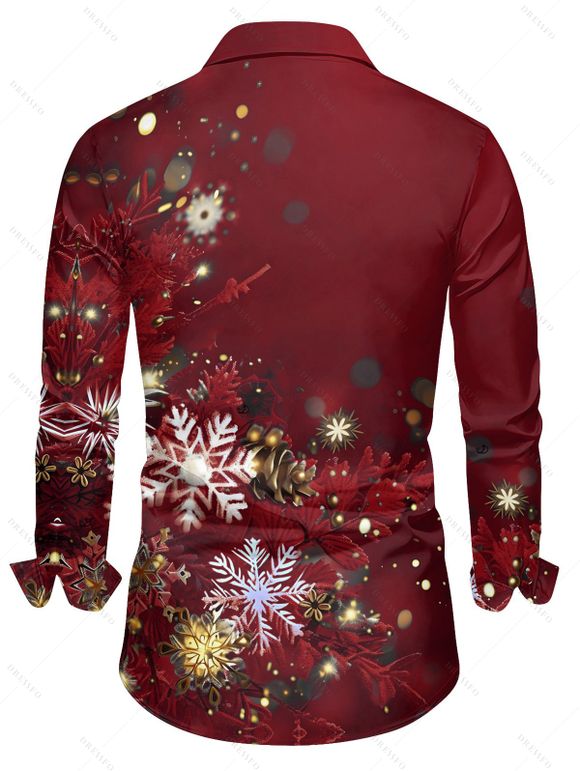 Chemise homme à manches longues, col rabattu, imprimé flocons de neige lumineux, style décontracté, à boutons, idéale pour Noël. - Rouge Vineux 5XL