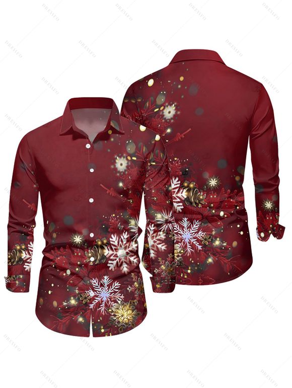 Chemise homme à manches longues, col rabattu, imprimé flocons de neige lumineux, style décontracté, à boutons, idéale pour Noël. - Rouge Vineux 5XL