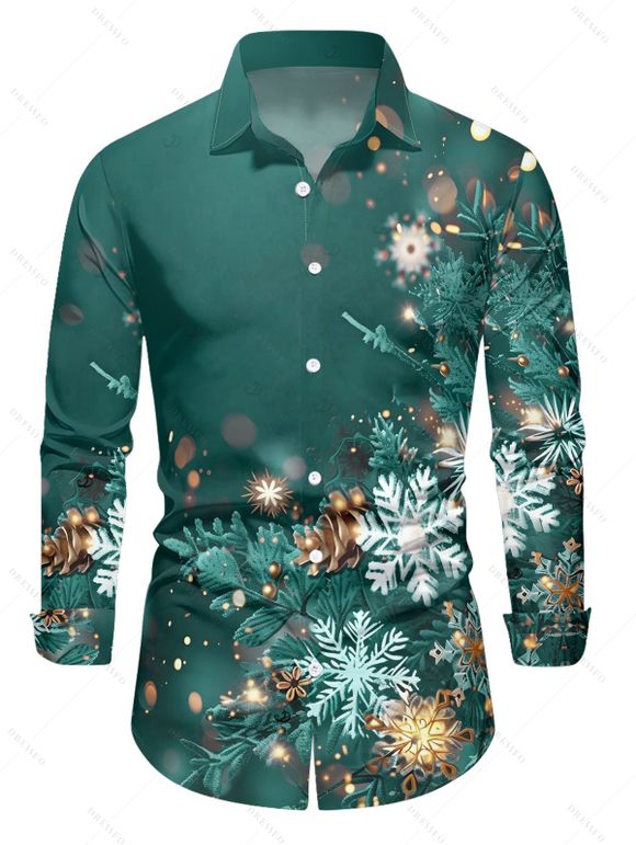 Chemise homme à manches longues, col rabattu, imprimé flocons de neige lumineux, style décontracté, à boutons, idéale pour Noël. - Vert 5XL