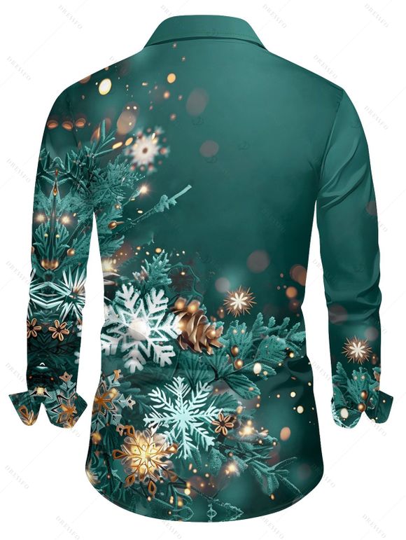 Chemise homme à manches longues, col rabattu, imprimé flocons de neige lumineux, style décontracté, à boutons, idéale pour Noël. - Vert 5XL