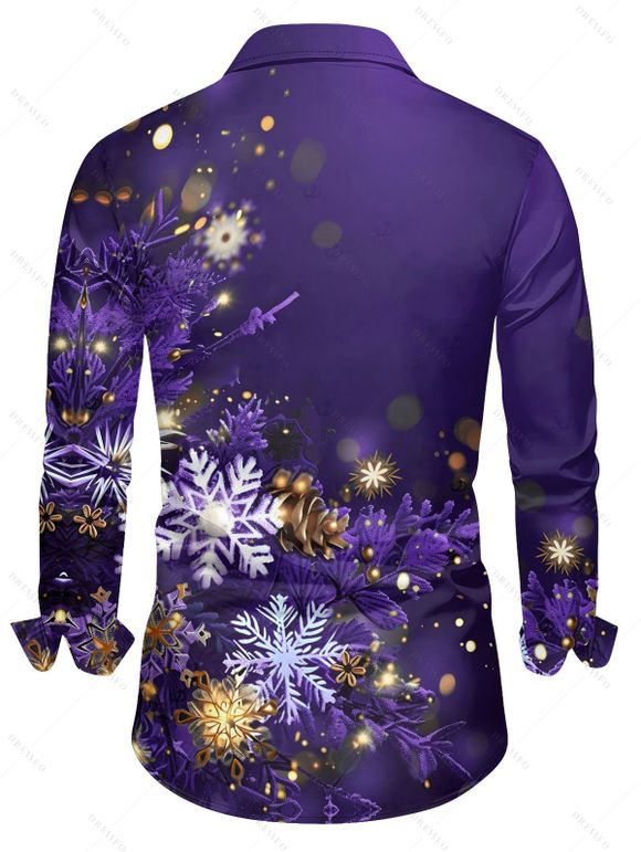 Chemise homme à manches longues, col rabattu, imprimé flocons de neige lumineux, style décontracté, à boutons, idéale pour Noël. - Pourpre 2XL
