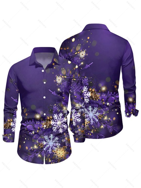 Chemise homme à manches longues, col rabattu, imprimé flocons de neige lumineux, style décontracté, à boutons, idéale pour Noël. - Pourpre 2XL