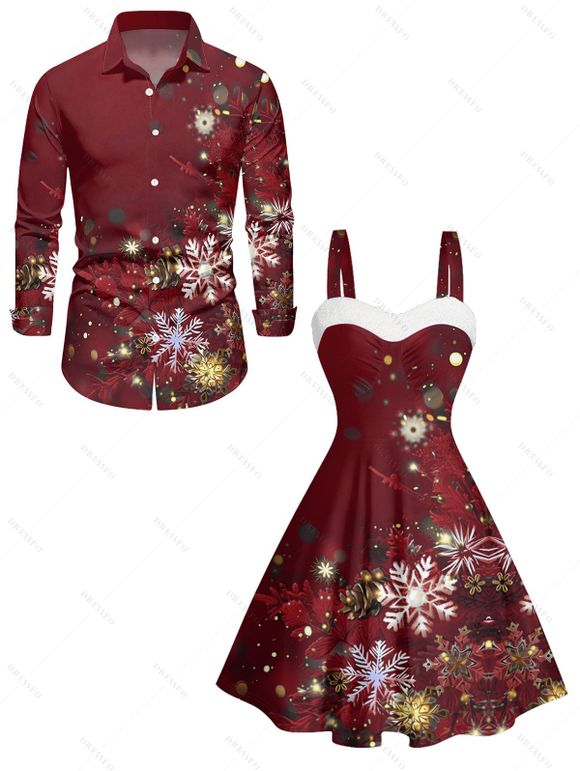 Christmas Snowflake Light Point Print Mini Dress and Turn Down Collar Casual Button-up Shirt Outfit - Rouge Vineux S | US 4